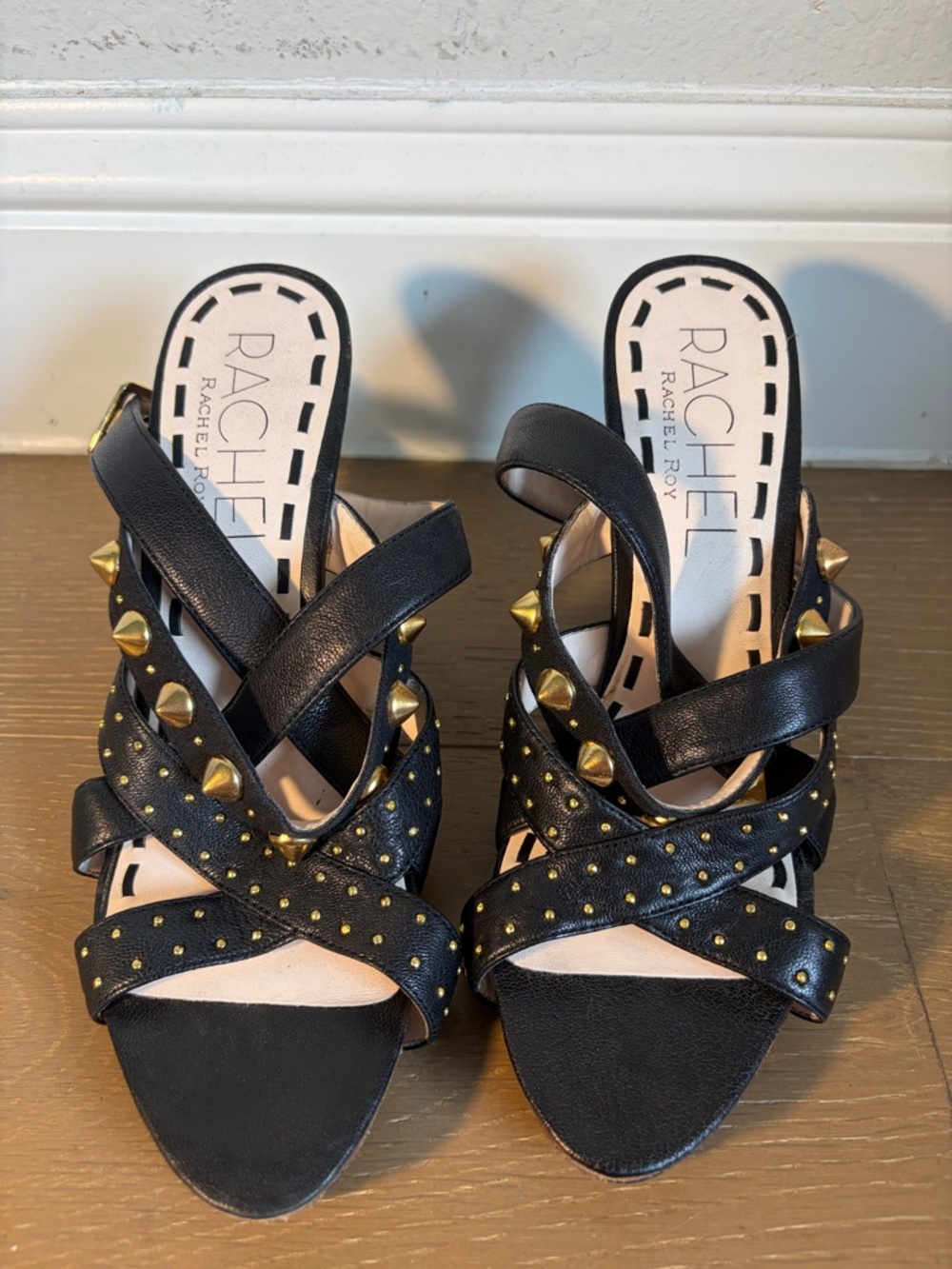 RACHEL Rachel Roy Black Leather Gold-Stud Crisscross Heels